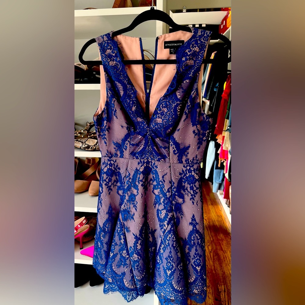 Blue Lace V Neck Cocktail Dress